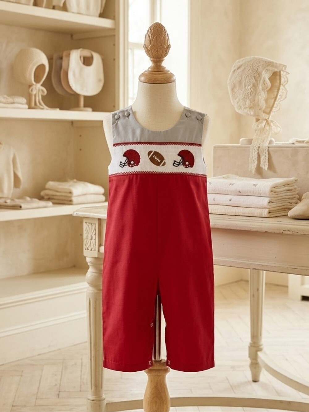 Lil' Cactus Red and Gray Football Smocked Overalls Sz 12-18M